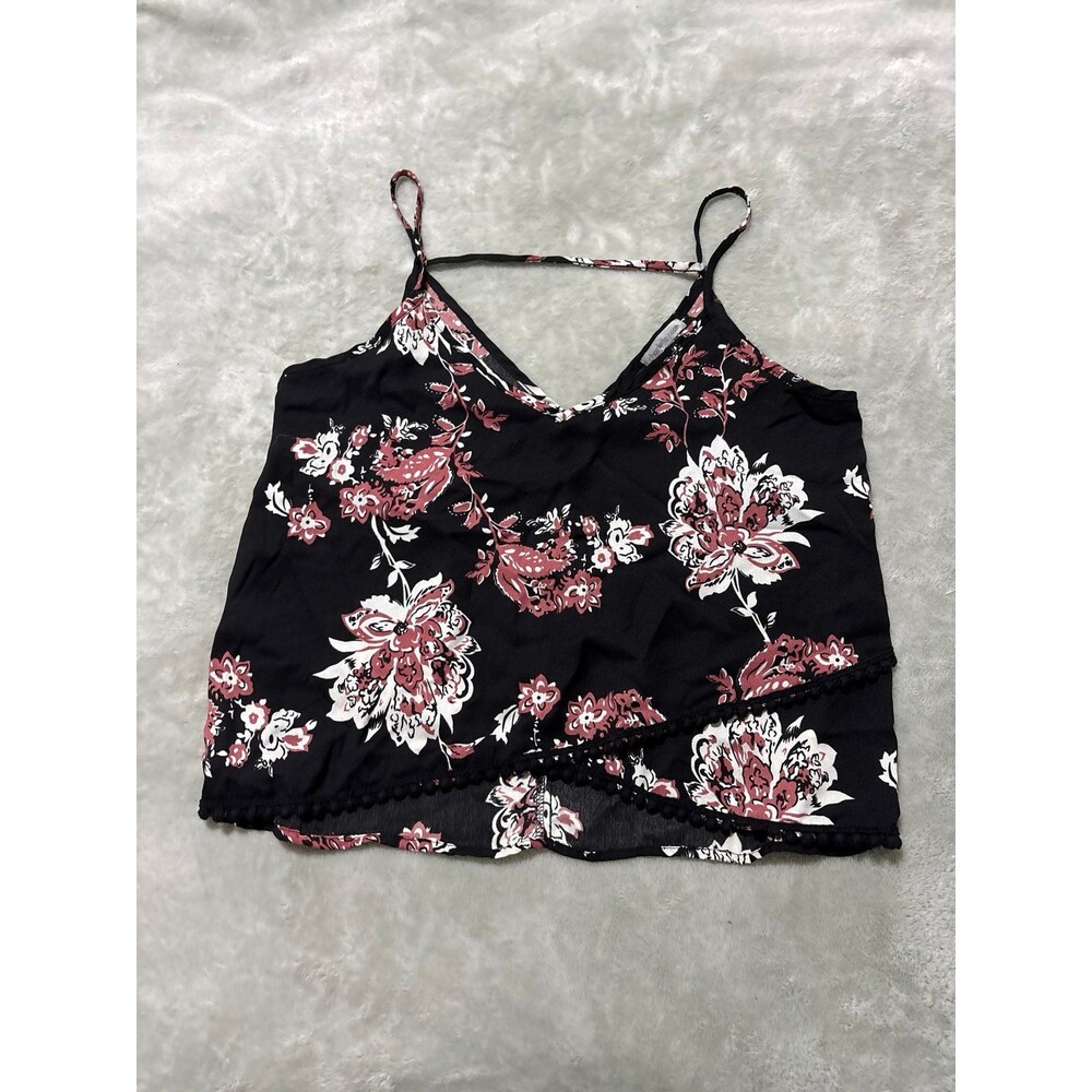 Womens camisole top Black floral spaghetti strap vneck rick rack hem faux wrap